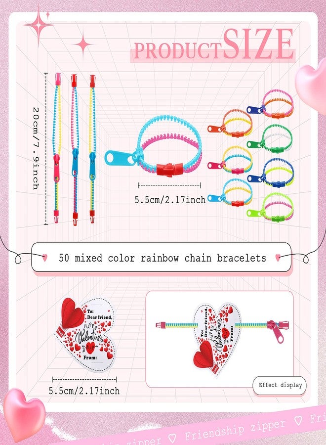 Sratte 50 Pcs Valentine's Day Neon Friendship Bracelets Bulk with 50 Pcs Heart Card for Valentine's Gifts Birthday Goodie Bag Stuffers(Resin,Zipper Bracelet) - Image 2